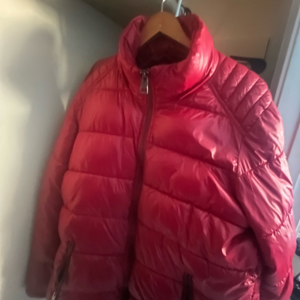Guess Red Quilted Puffer Coat with High Collar